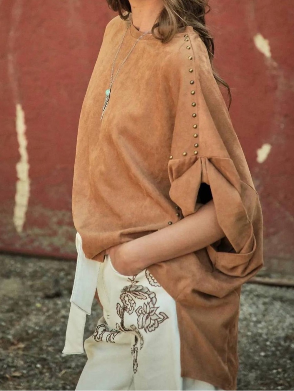 Relaxed Tan Suede-Look Studded Blouse